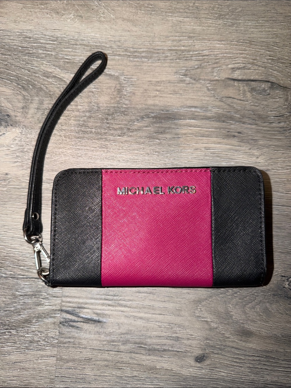 Michael Kors Black & Fuchsia Zip-Around Wristlet